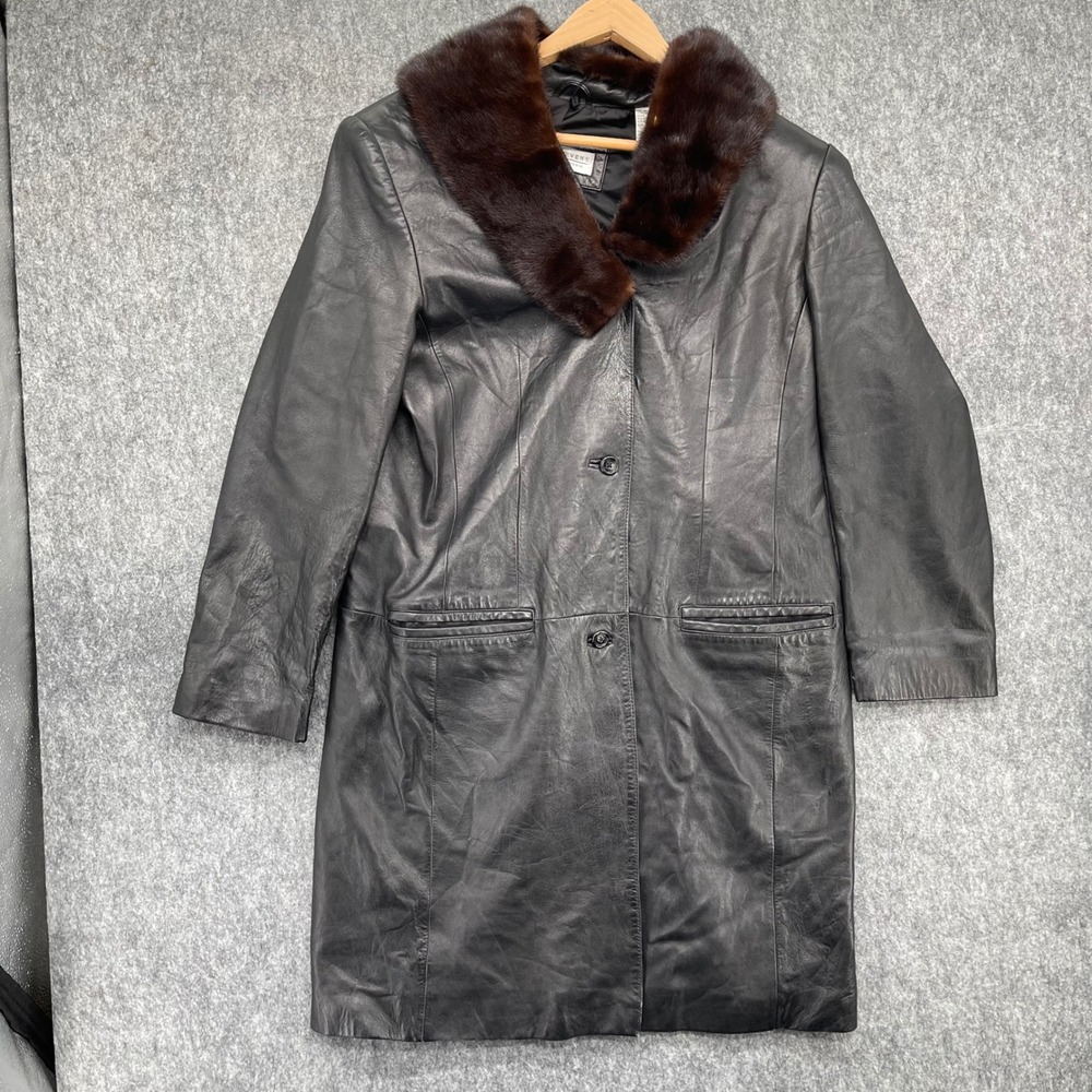 Valerie Stevens New Zealand Lambskin Leather Coat Fur Collar Black Womens 12
